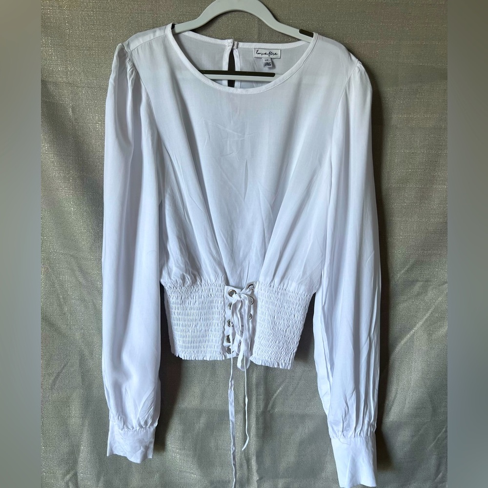 White Lace Up Bow Blouse Long Sleeve Tops Elastic cuff waist shirt women’s